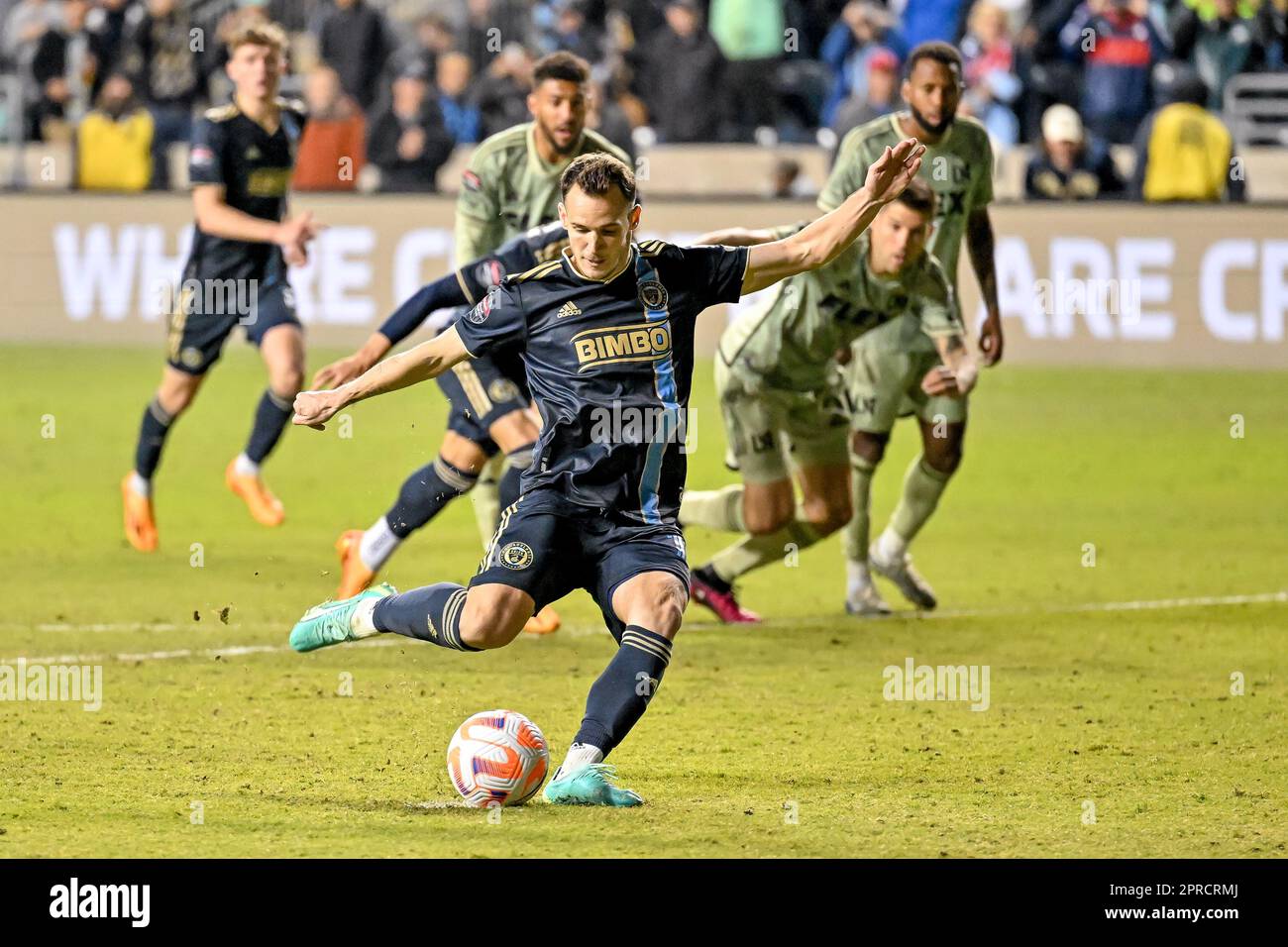 Chester, PA, USA - 26 April, 2023 - Daniel Gazdag delivers a goal on a penalty kick as MLS sides Philadelphia Union and Los Angleles Football Club tie 1-1 in the Concacaf Champions League semi-final at Subaru Park in Chester, PA - Photo Credit: Don Mennig Alamy Live News Stock Photo