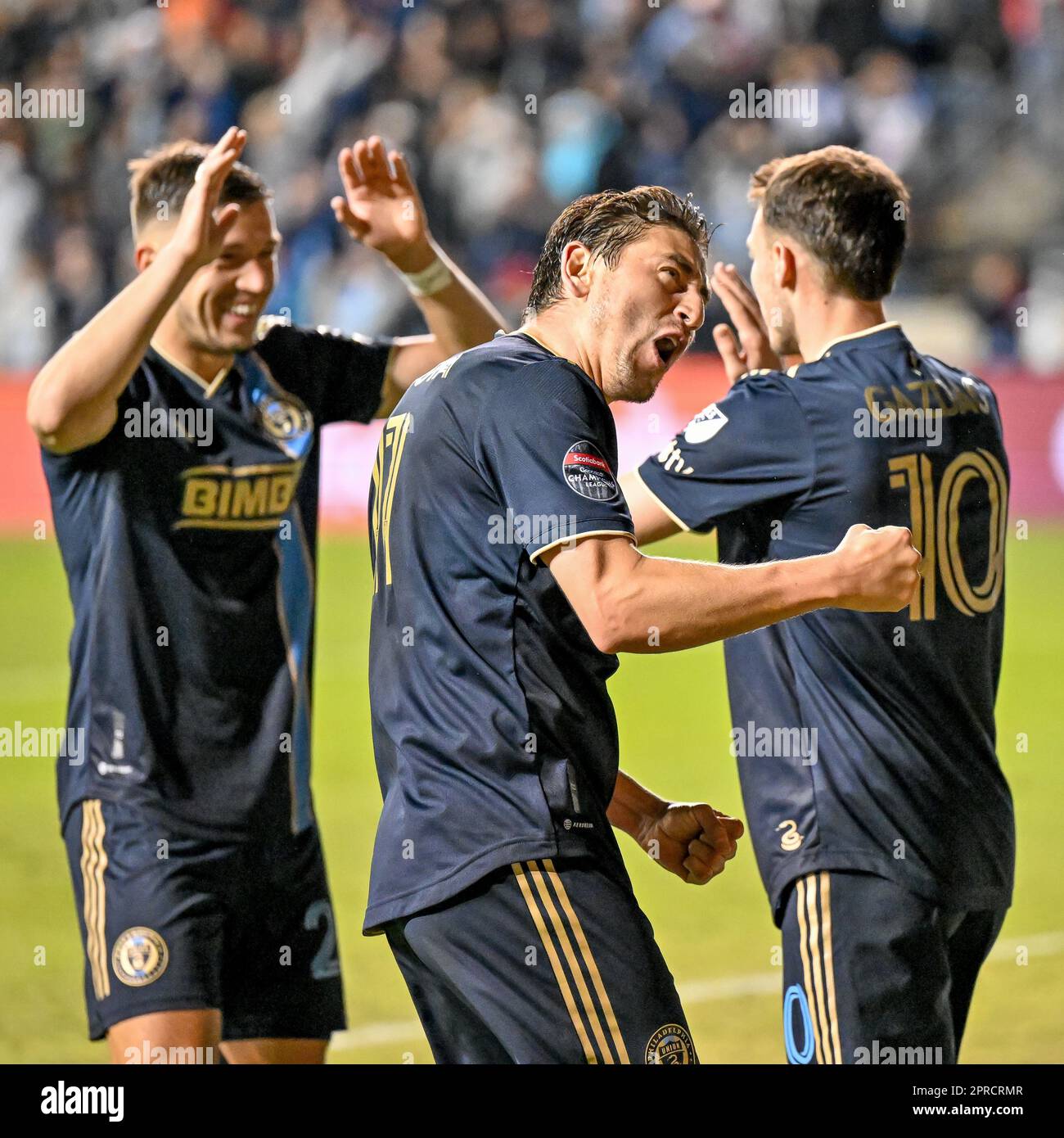 Chester, PA, USA - 26 April, 2023 - Alejandro Bedoya, Daniel Gazda and Kai Wagner celebrate the penalty kick goal as MLS sides Philadelphia Union and Los Angleles Football Club tie 1-1 in the Concacaf Champions League semi-final at Subaru Park in Chester, PA - Photo Credit: Don Mennig Alamy Live News Stock Photo