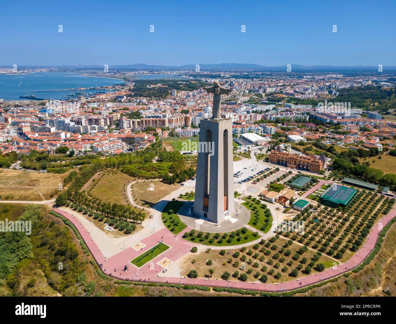 Lisbon, Portugal - July 2, 2022: A camera drone view of the Sanctuary of Christ the King (Portuguese: Santuário de Cristo Rei) Stock Photo