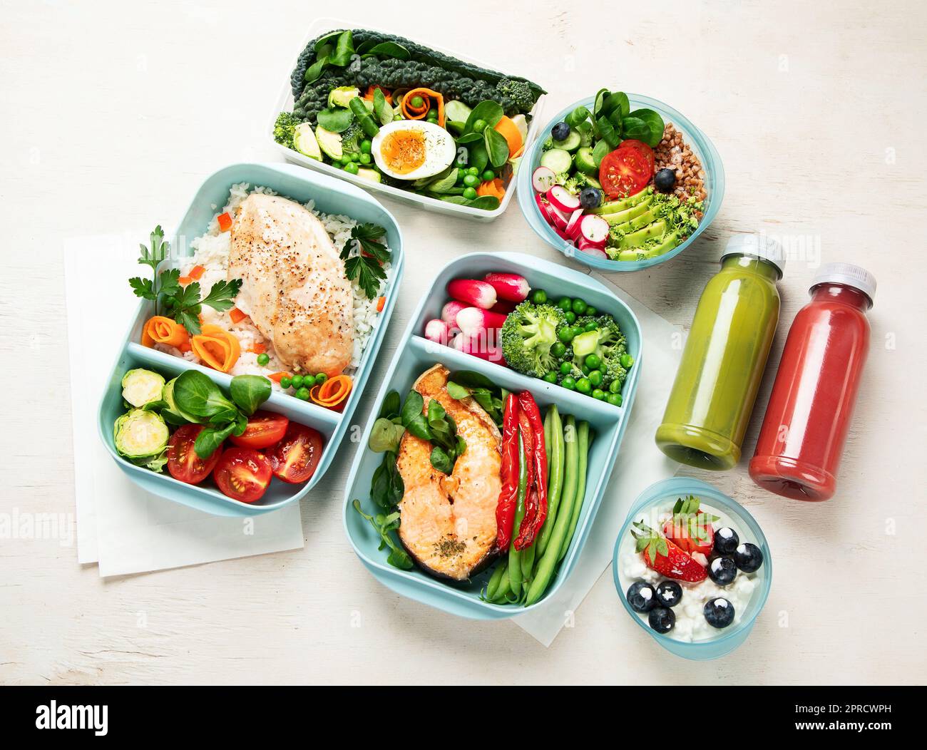 Different types of healthy meals in containers, Takeout food menu, top