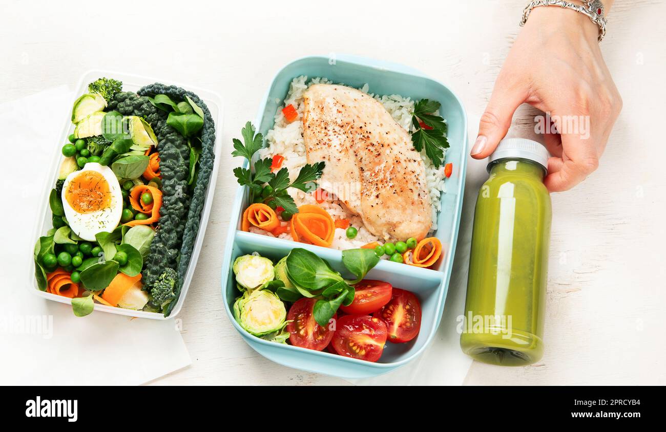 Different types of healthy meals in containers, Takeout food menu, top