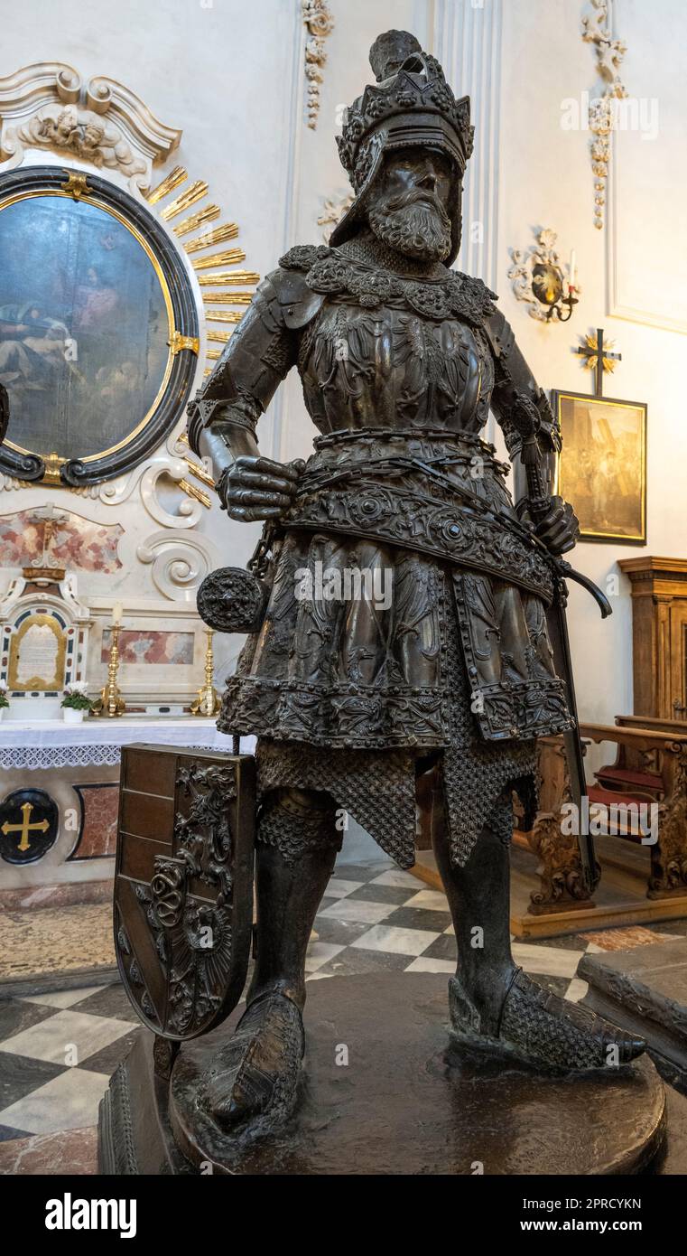 Ernest th Iron bronze statue at the Hofkirche museum in Innsbruck for Emperor Maximilian I. Stock Photo
