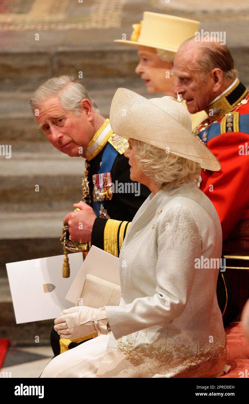 File photo dated 29/04/11 of Queen Elizabeth II, the Duke of Edinburgh, the Prince of Wales and the Duchess of Cornwall taking their seats at Westminster Abbey before the wedding of Prince William and Kate Middleton. Photos from every year of the King's life have been compiled by the PA news agency, to celebrate Charles III's coronation. Issue date: Thursday April 27, 2023. Stock Photo
