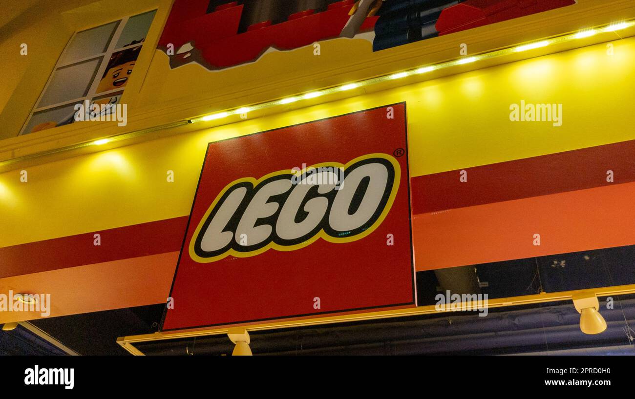 lyon , Aura France - 04 24 2023 : Lego logo brand and text sign on store flagship shop building for cell construction game toys Stock Photo
