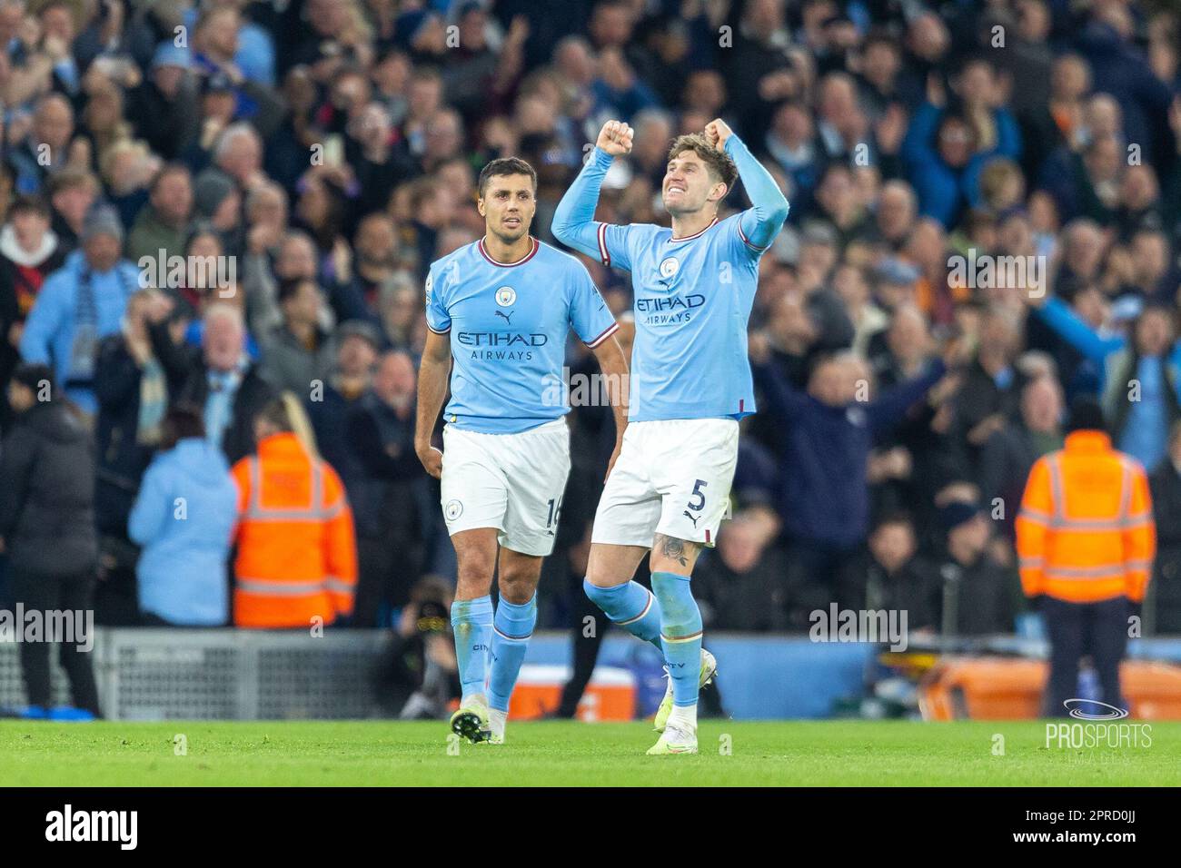 Manchester, England - 26 April 2023, Manchester City defender John Stones (5) scores and celebrates after a VAR check 2-0 during the English championship Premier League football match between Manchester City and Arsenal on 26 April 2023 at the Etihad Stadium in Manchester, England - Photo: Ian Stephen/DPPI/LiveMedia Stock Photo