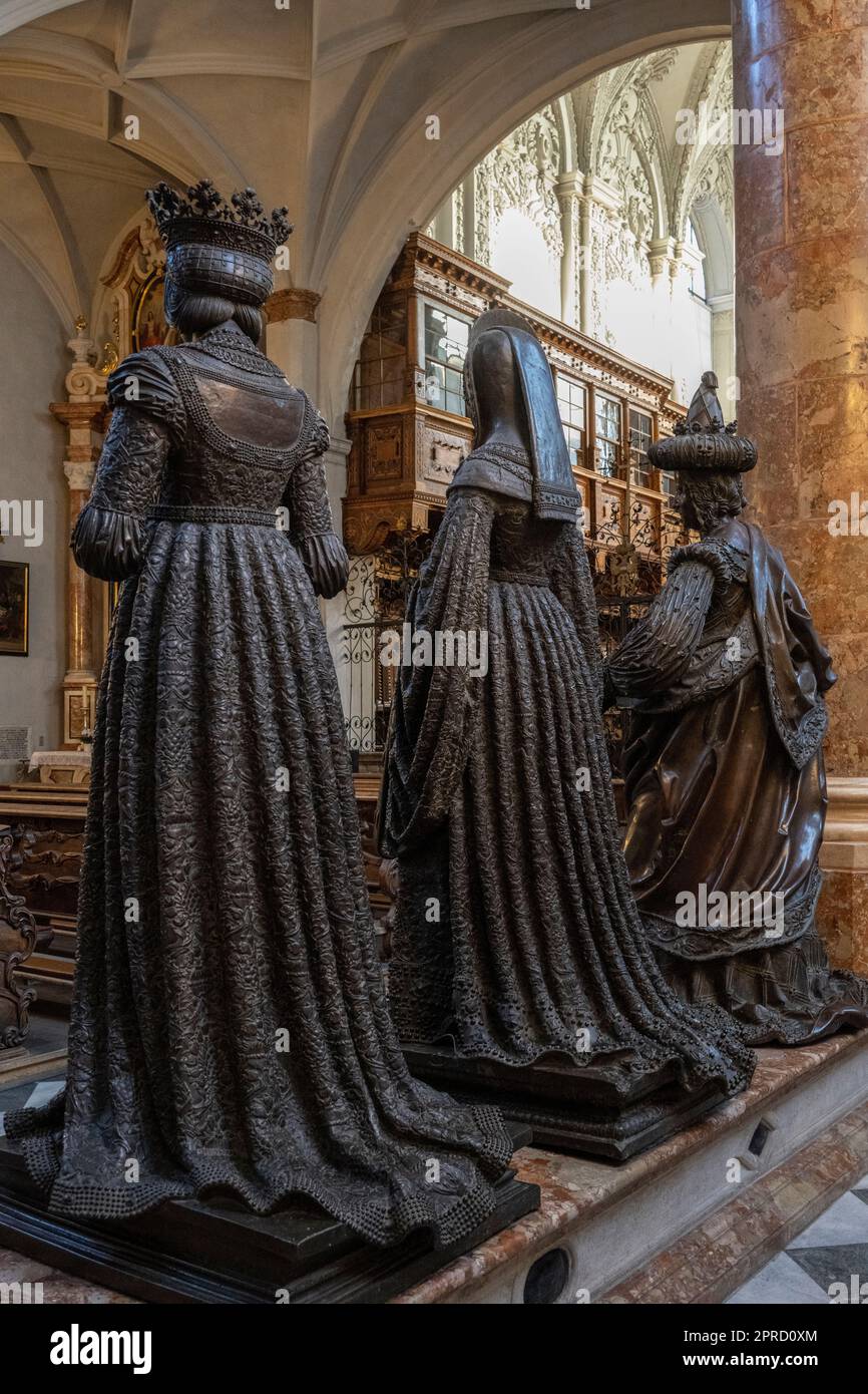 Bronze statues flank the the cenotaph of Maximilian I at the Hofkirche in Innsbruck Austria Stock Photo