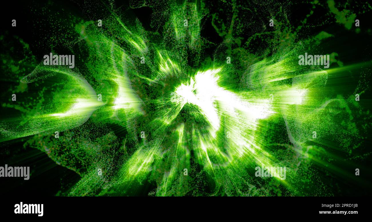 Abstract background of green moving flying small wave particles from ...