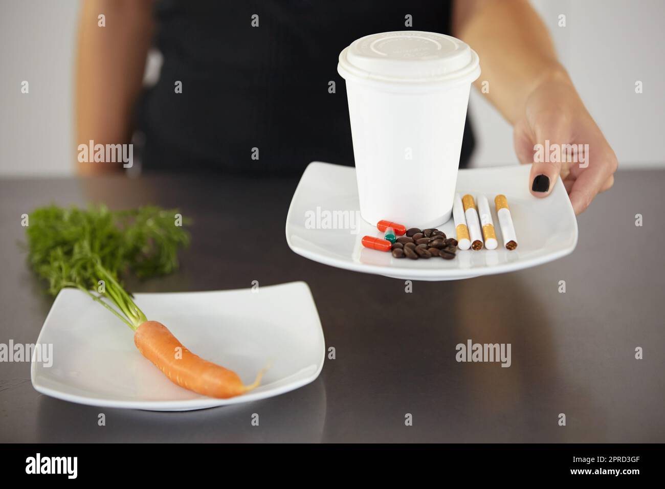 Healthy choice, plate and woman unhealthy nutrition of coffee cup