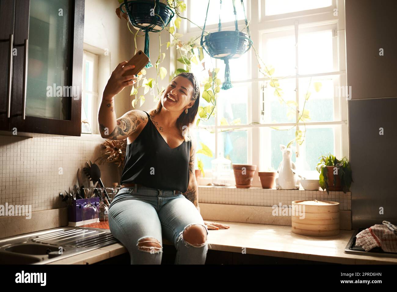 Woman taking a selfie with a phone or video call and smiling in the kitchen at home. Edgy, curvy and relaxed female posting photos on social media app and using online chat in the kitchen Stock Photo