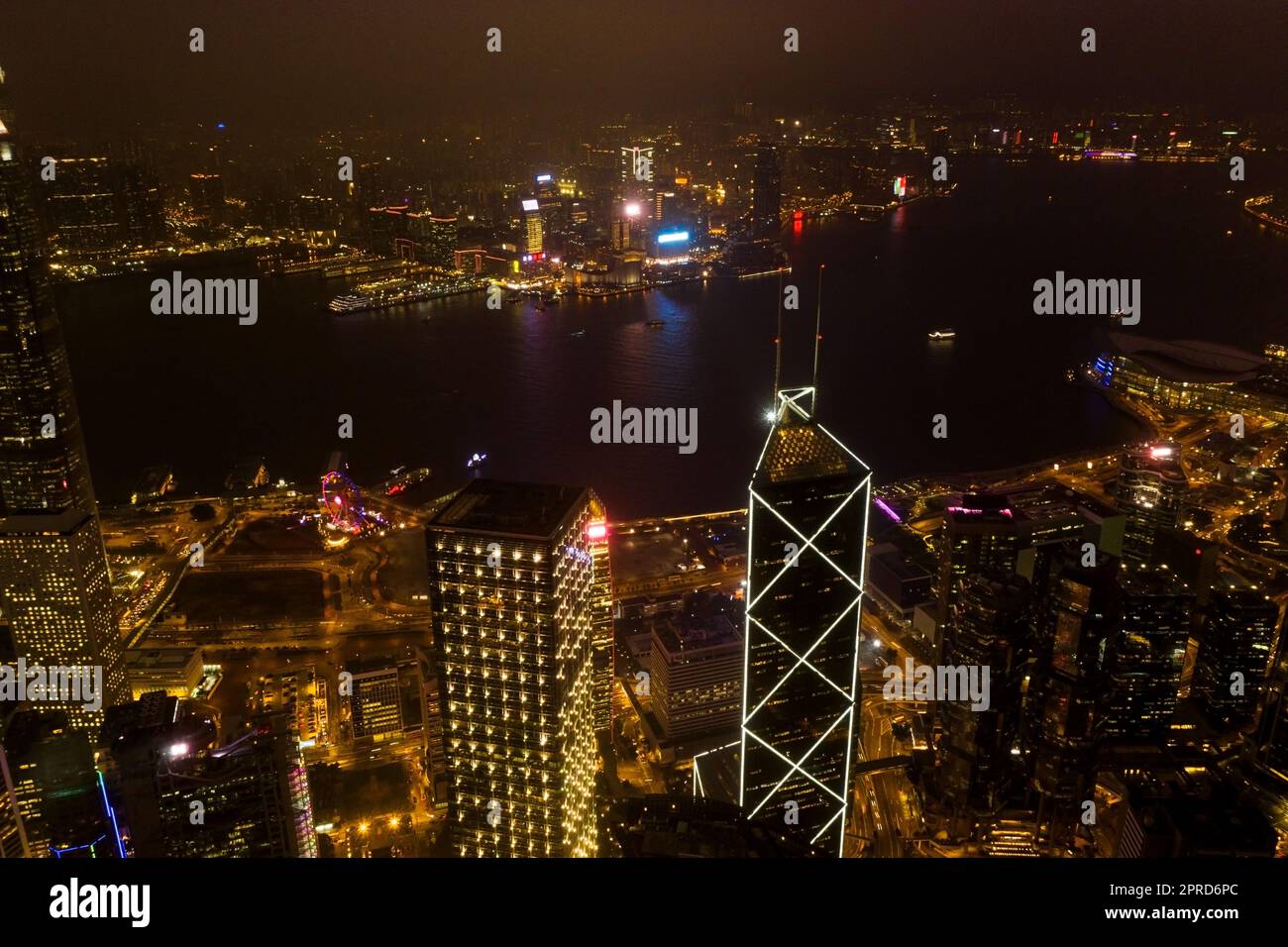 The city that never sleeps. Aerial shot of skyscrapers, office blocks and other commercial buildings in a busy coastal city. Stock Photo