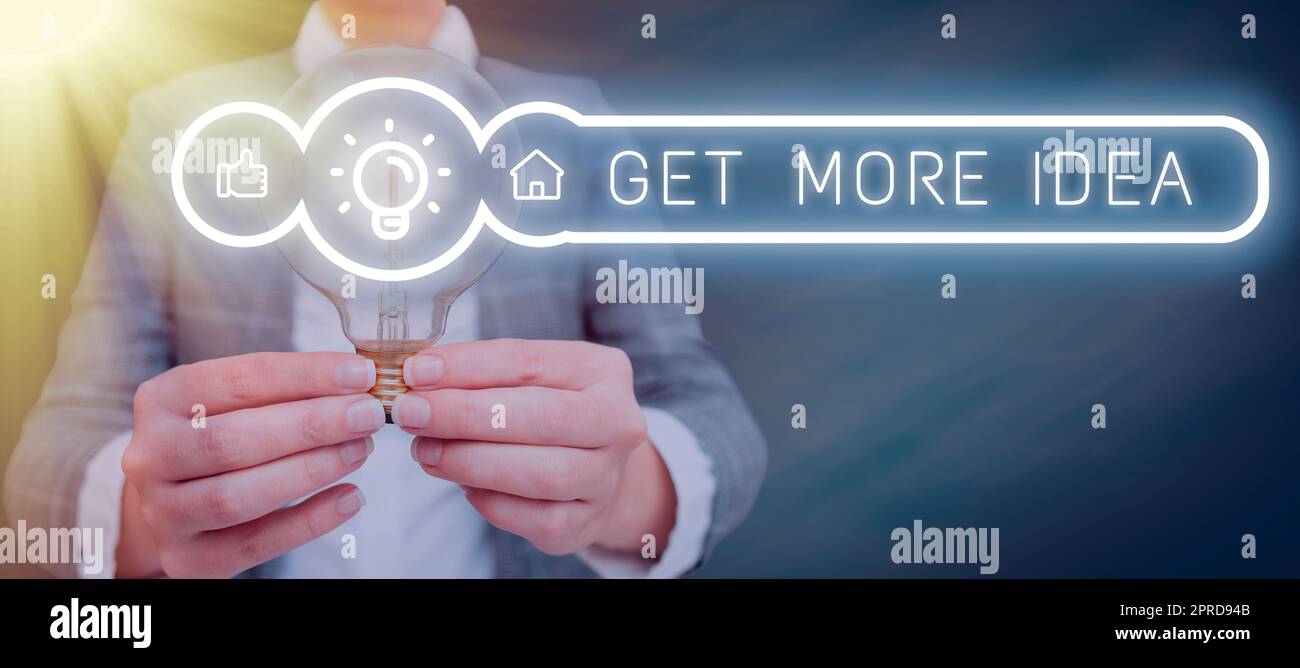 Text sign showing Get More Idea. Concept meaning Random Input Mind Map Picture Mock up Surveys Visualization Woman Holding A Light Bulb Image In A Graphic Design Showing New Concepts. Stock Photo