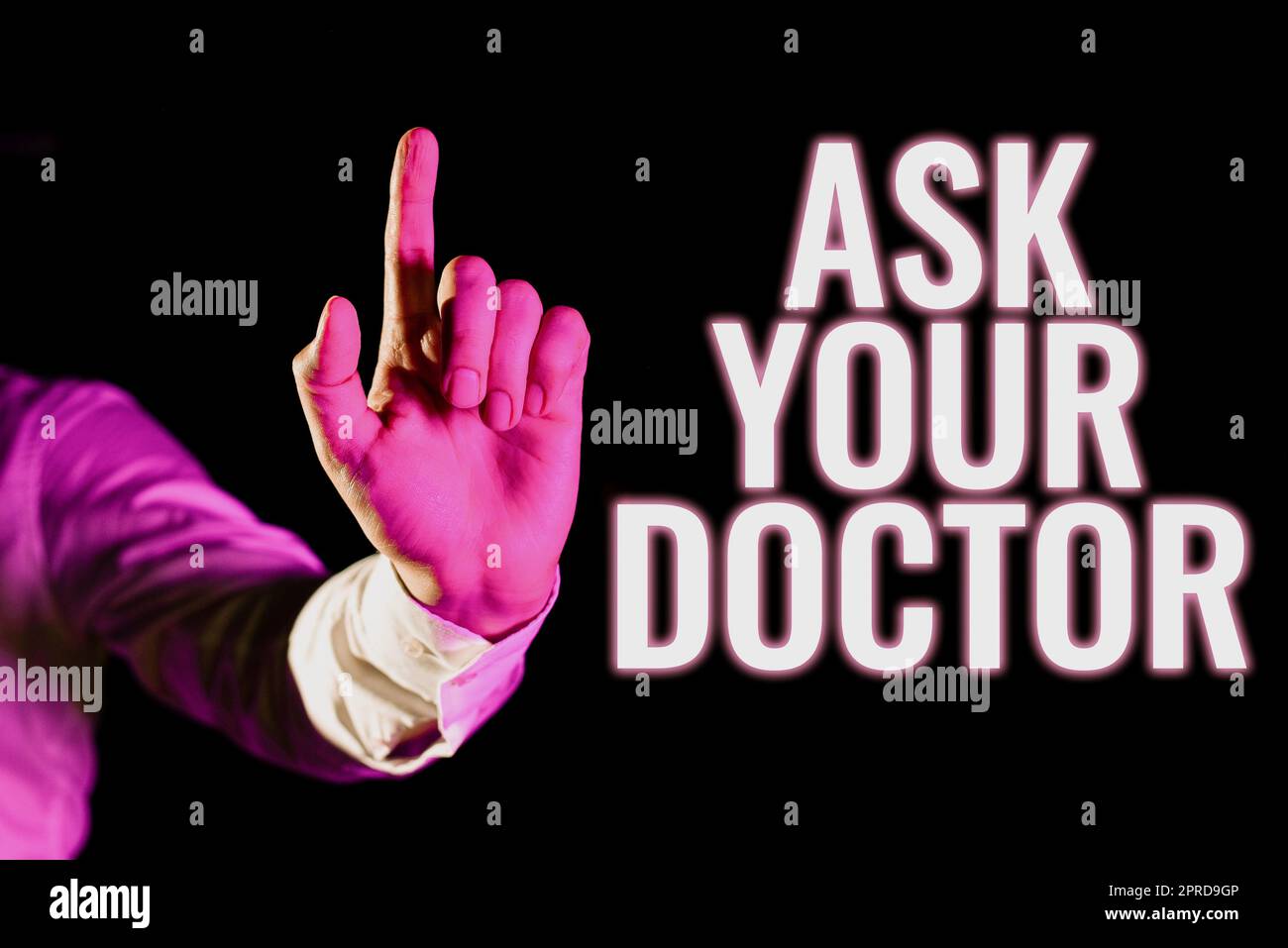 Inspiration showing sign Ask Your Doctor. Business concept Consultation to medical expert about state of health Man Pointing Finger During Professional Training Through Virtual Reality. Stock Photo