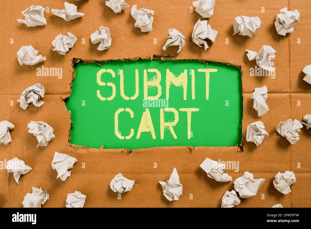 Text sign showing Submit Cart. Business concept Sending shopping list of online items Proceed checkout Important Ideas Written Under Ripped Cardboard With Paper Wraps Around. Stock Photo