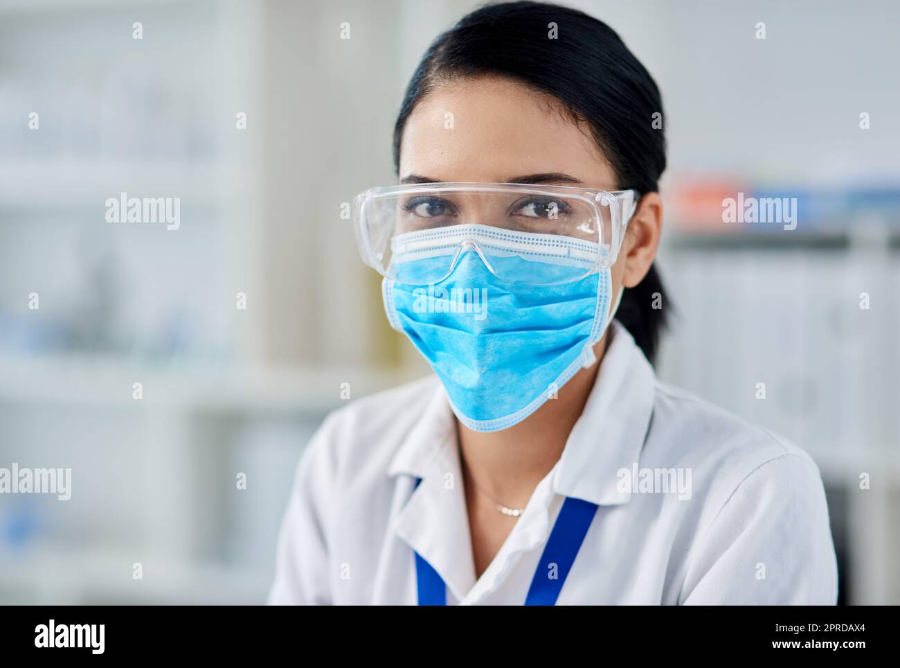 First rule of working in a lab Stay safe. Portrait of a confident young woman working in a laboratory. Stock Photo