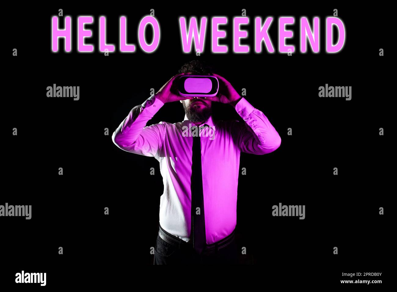 Hand writing sign Hello Weekend. Internet Concept Getaway Adventure Friday Positivity Relaxation Invitation Businessman Taking Professional Training Through Virtual Reality Goggles. Stock Photo
