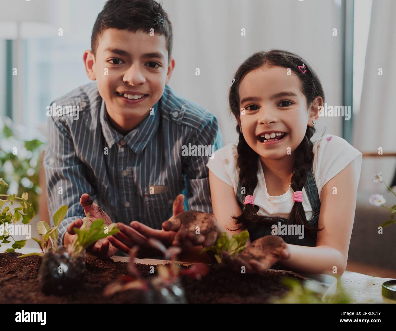 Things tend to get a little dirty over here. Cropped portrait of two adorable young siblings smiling while doing some gardening at home. Stock Photo