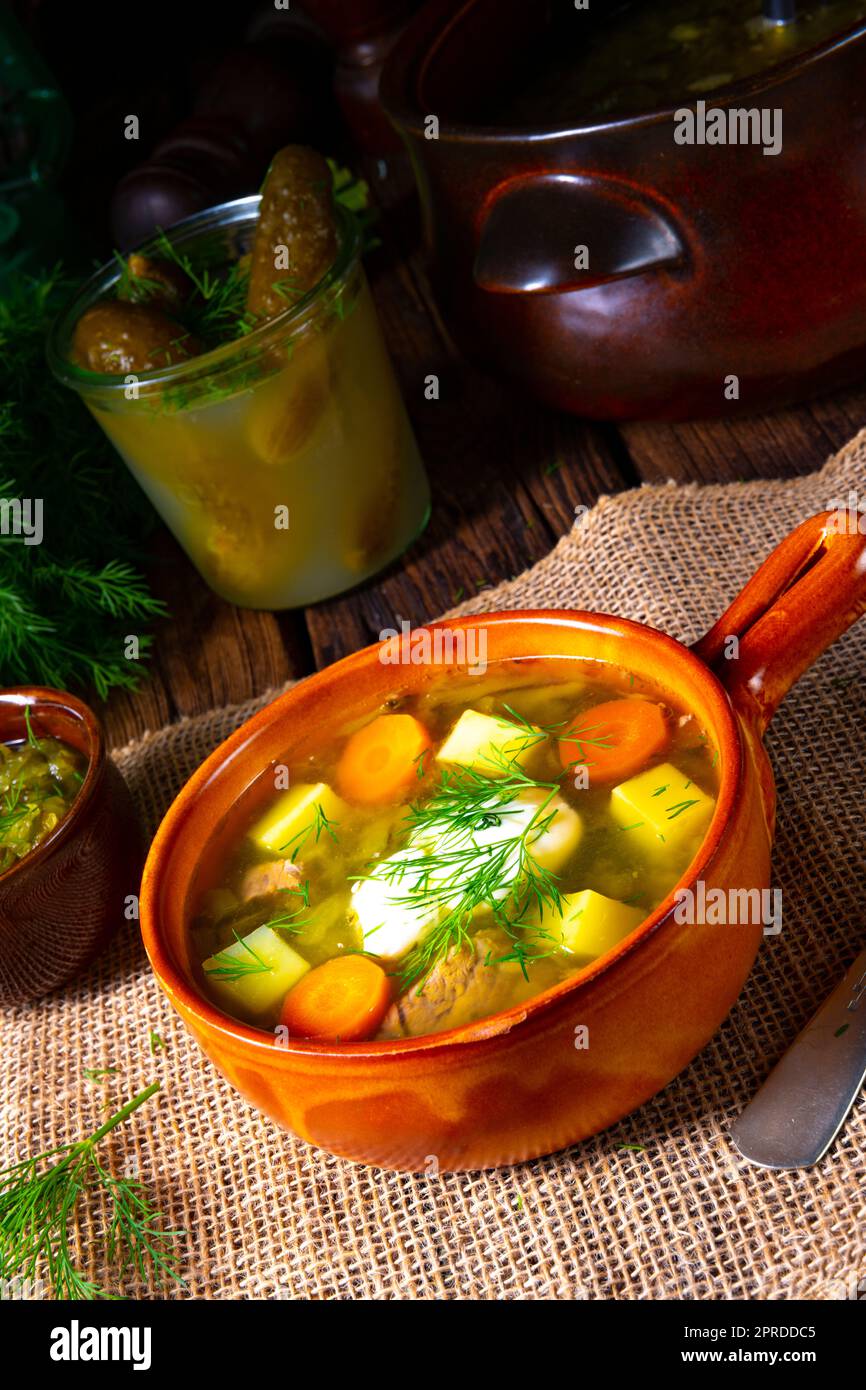 Polish sour cucumber soup with dill Stock Photo Alamy