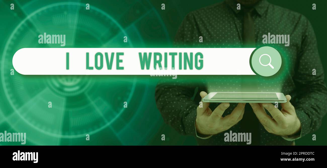 Conceptual display I Love Writing. Word Written on Affection for creating novels journals inspirational author Man With A Pad Pointing On A Light Bulb Sharing Tips And Concepts. Stock Photo