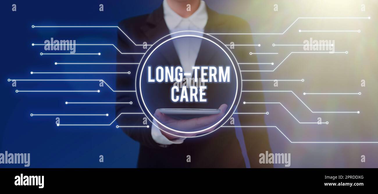 Handwriting text Long Term Care. Business overview Adult medical nursing Healthcare Elderly Retirement housing Lady in suit holding pen symbolizing successful teamwork accomplishments. Stock Photo