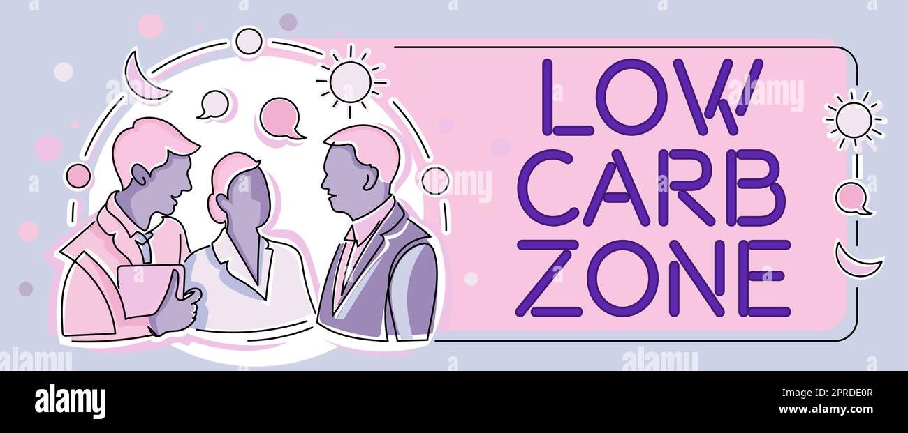Sign displaying Low Carb Zone. Word Written on Healthy diet for losing weight eating more proteins sugar free Colleagues Sharing Thoughts Together With Speech Bubbles And Assorted S Stock Photo
