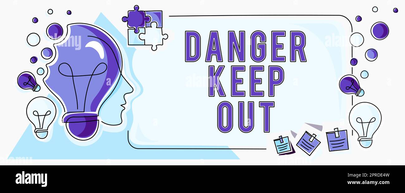 Text showing inspiration Danger Keep Out. Business showcase Warning be alert stay away from this point safety sign Businesswoman Wearing Virtual Reality Simulator And Holding Pen At Desk. Stock Photo