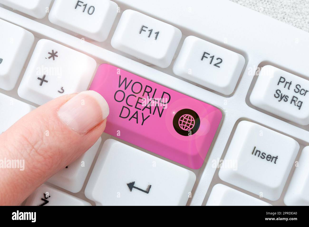 Writing displaying text World Ocean Day. Business idea Worldwide celebration for big bodies of salt water Businesswoman Holding Tablet And Pointing With One Finger On Important News Stock Photo