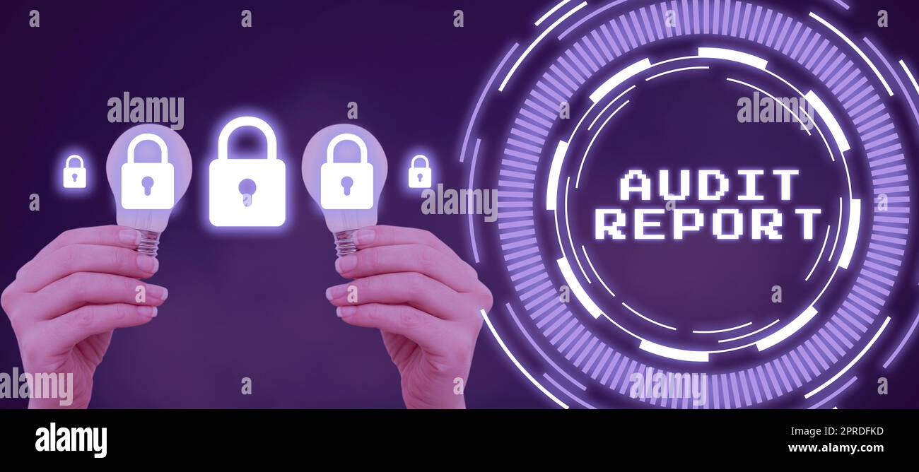 Conceptual display Audit Report. Word for An appraisal of complete financial status of a business Assets Woman Holding Light Bulbs With Graphical Padlocks By Circle For Security. Stock Photo