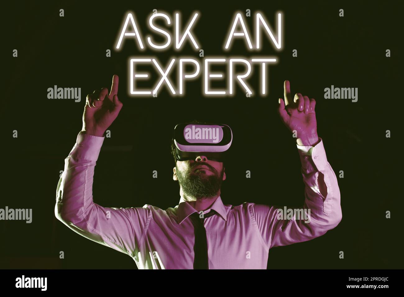 Text caption presenting Ask An Expert. Word for Superior Reliable Ace Virtuoso Curapp storeity Authority Geek Businessman Using Virtual Reality Simulator And Gesturing During Training. Stock Photo