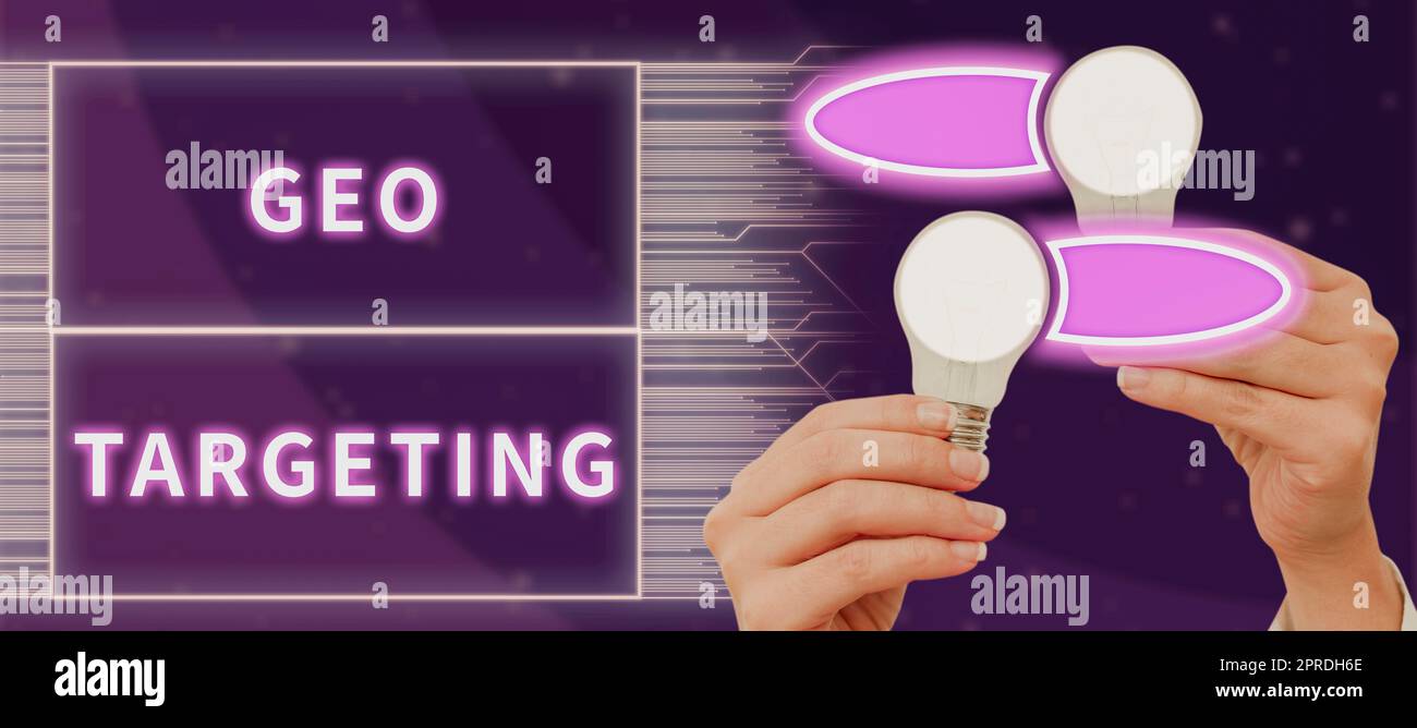 Conceptual caption Geo Targeting. Business approach Digital Ads Views IP Address Adwords Campaigns Location Woman Holding Light Bulbs Presenting Exchanging Of New Ideas. Stock Photo