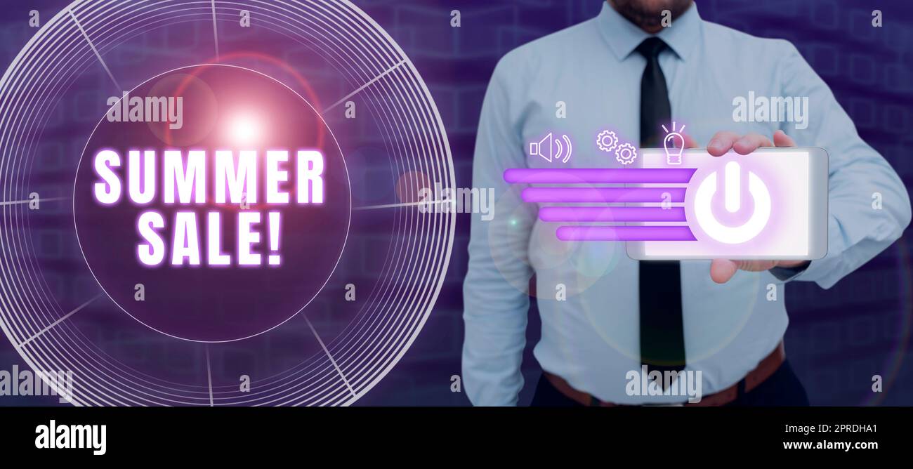 Text sign showing Summer Sale. Word Written on Annual discount events that takes place during summer season Man With Smartphone Presenting Digital S And Modern Technology. Stock Photo