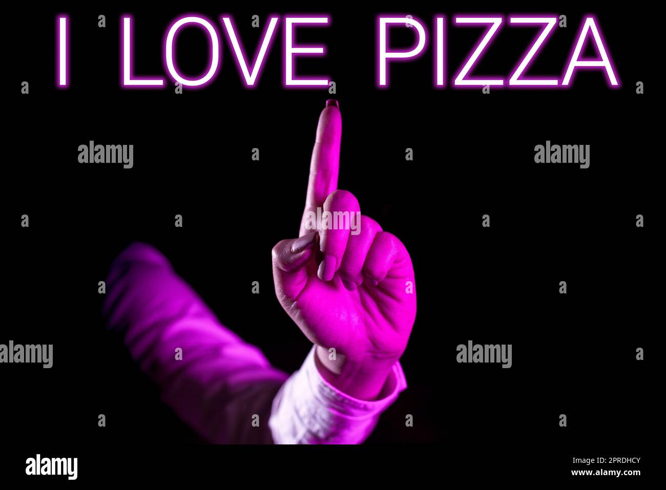 Conceptual caption I Love Pizza. Concept meaning To like a lot Italian food with cheese ham pepperoni in slices Businesswoman Pointing Finger During Professional Training Through Vr. Stock Photo