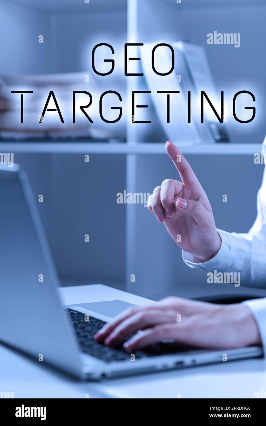 Writing displaying text Geo Targeting. Business approach Digital Ads Views IP Address Adwords Campaigns Location Woman Typing Updates On Lap Top And Pointing New Ideas With One Finger. Stock Photo