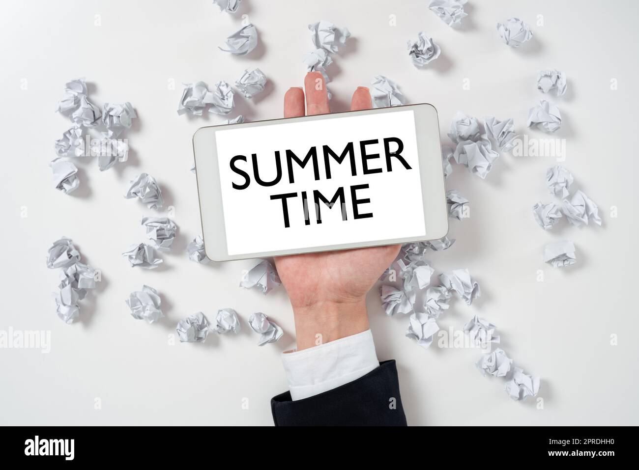 Writing displaying text Summer Time. Business overview Longer daylight Tropical season Beach activities Vacation Paper Wraps Underneath Phone Screen With Important Message. Stock Photo