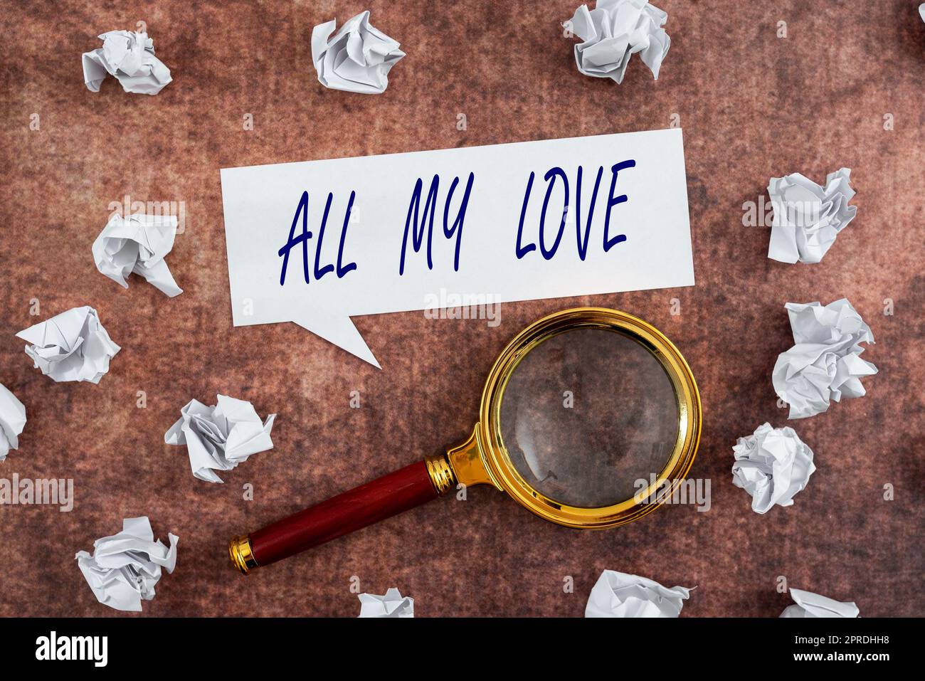 Inspiration showing sign All My Love. Business concept The whole affection and good feeling for you Romance happiness Speech Bubble Sheet With Crumpled Papers And Magnifying Glass On Wooden. Stock Photo