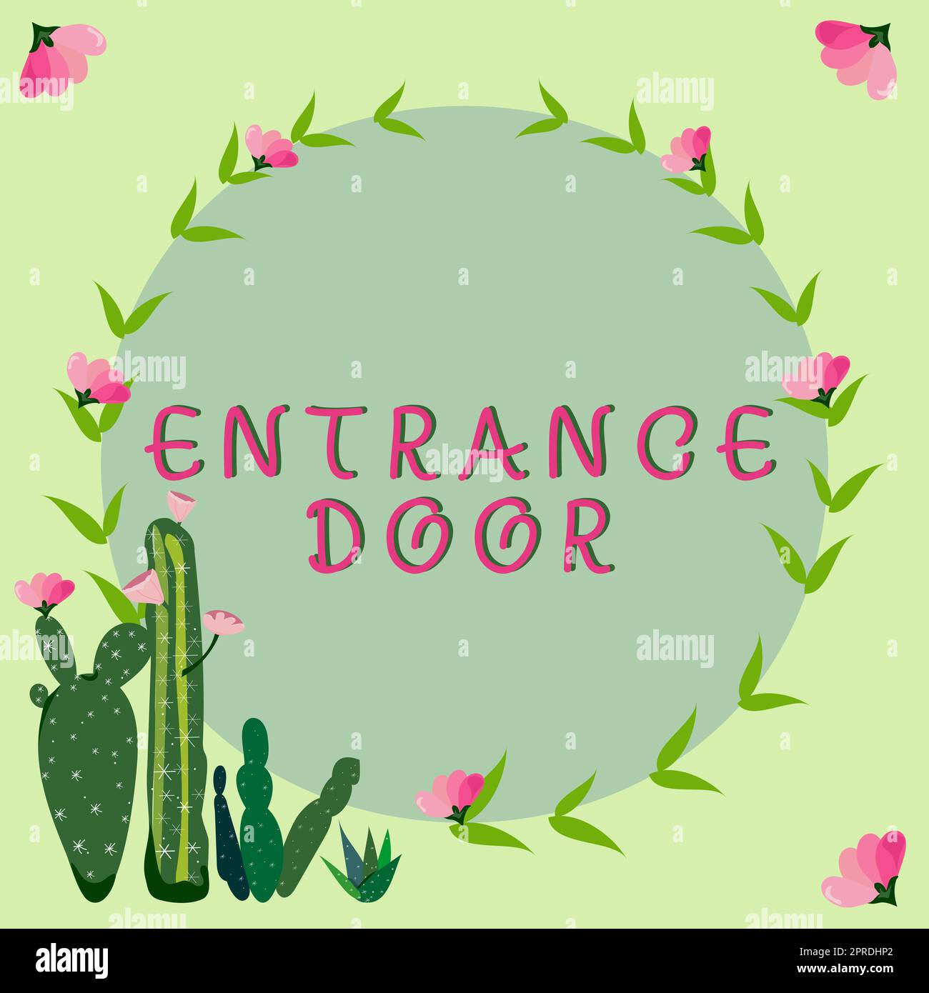 Text caption presenting Entrance Door. Word Written on Way in Doorway Gate Entry Incoming Ingress Passage Portal Frame Decorated With Colorful Flowers And Foliage Arranged Harmoniously. Stock Photo