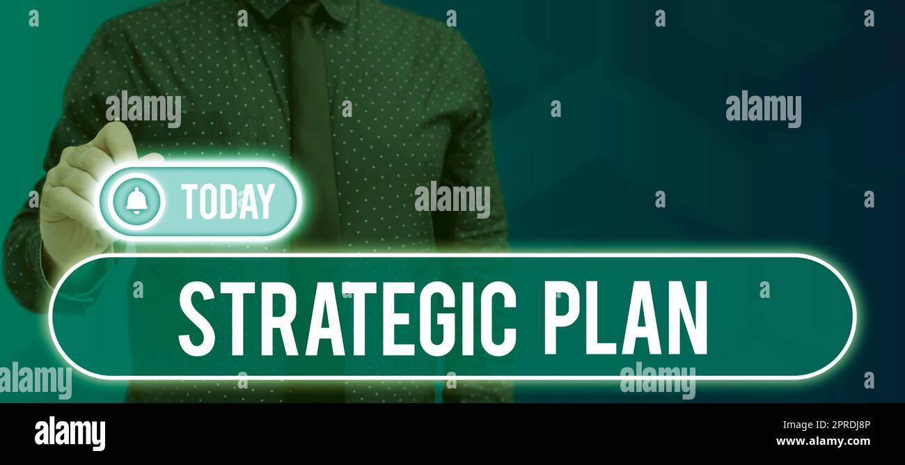 Sign displaying Strategic PlanA process of defining strategy and making decisions. Business concept A process of defining strategy and making decisions Man Wearing Vr Glasses Andpresenting Important Messages Between Hands. Stock Photo