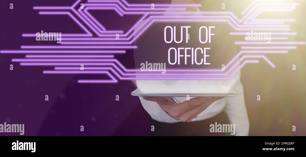Text showing inspiration Out Of Office. Business overview Outside the job Nobody in business Break Leisure Relax time Young Man Showing Business Solutions In Digital Lab With Digital Technology Stock Photo