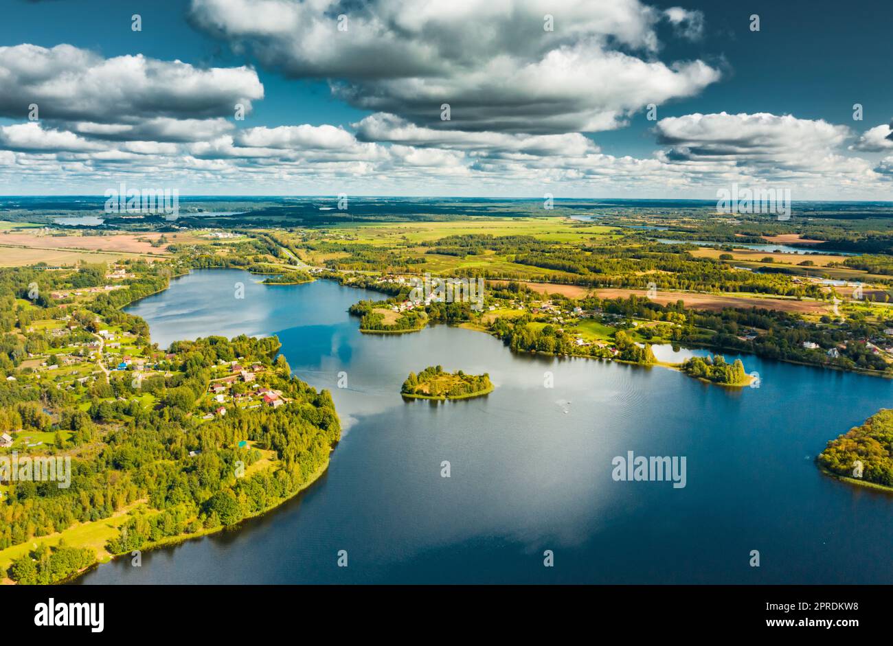 Lyepyel District, Vitebsk Region, Belarus. Aerial View Of Lepel Lake With Natural Small Islands Stock Photo