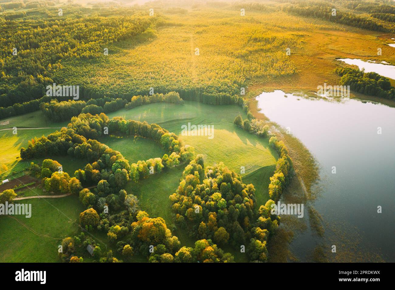 Aerial View Of Green Forest And Meadow Hill Landscape Near River. Top View Of Beautiful Nature From High Attitude. Stock Photo