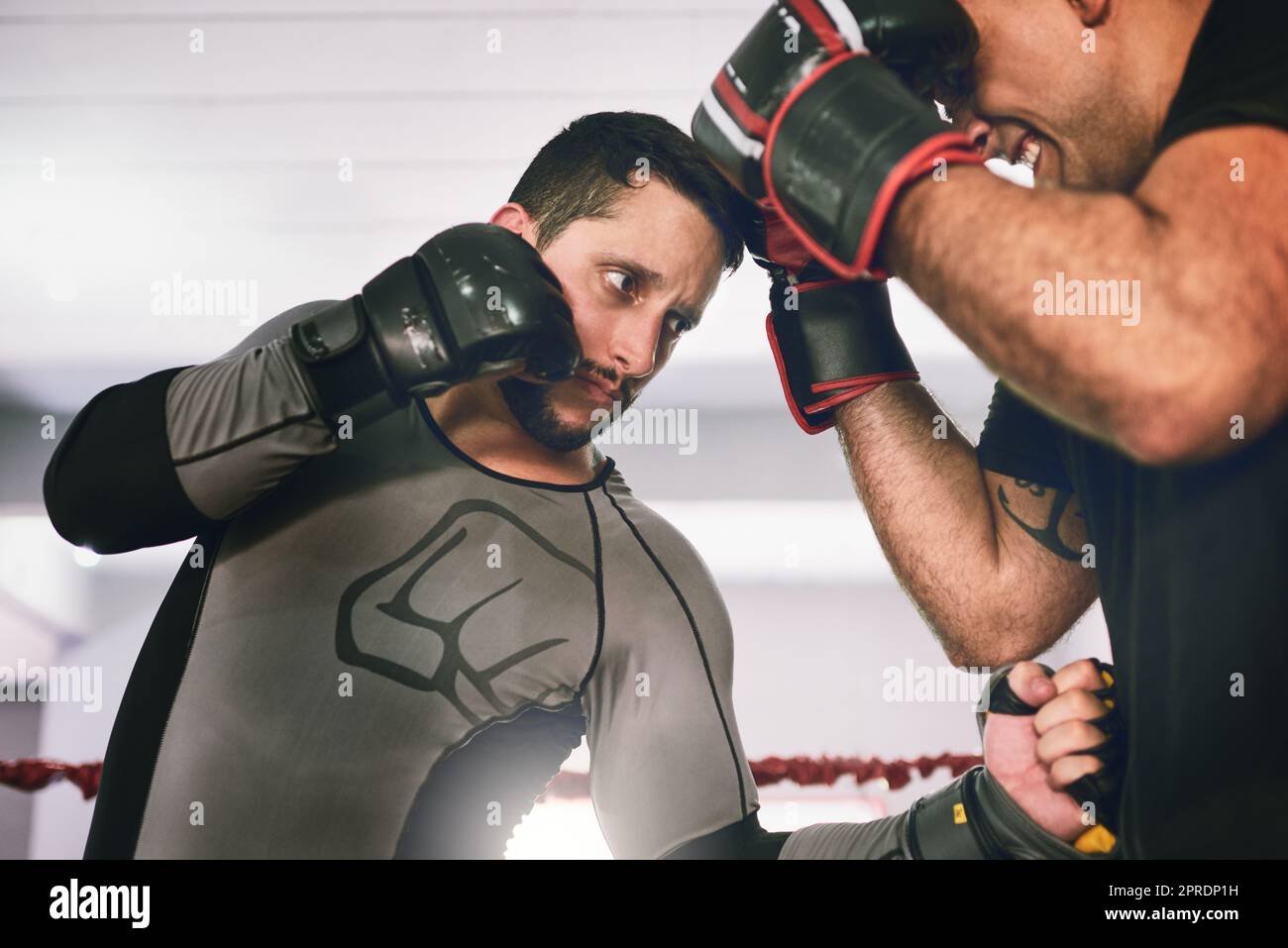 Look out for the sneaky punches. two young male boxers facing each other in a training sparing match inside of a boxing ring at a gym during the day. Stock Photo