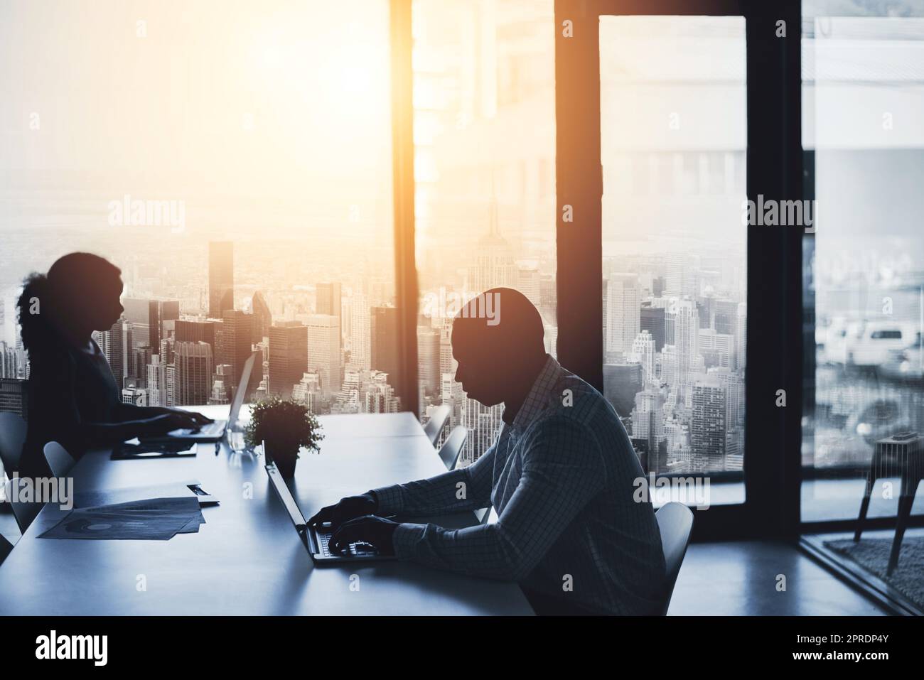 Silhouette, working and sitting in the city office to focus in the morning. Business, people and typing at the boardroom table at a calm time of day. Cityscape, window and flare view of urban life. Stock Photo