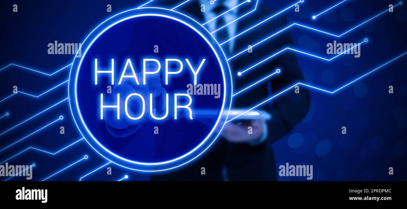 Text caption presenting Happy Hour. Business approach Spending time for activities that makes you relax for a while Lady in suit holding pen symbolizing successful teamwork accomplishments. Stock Photo
