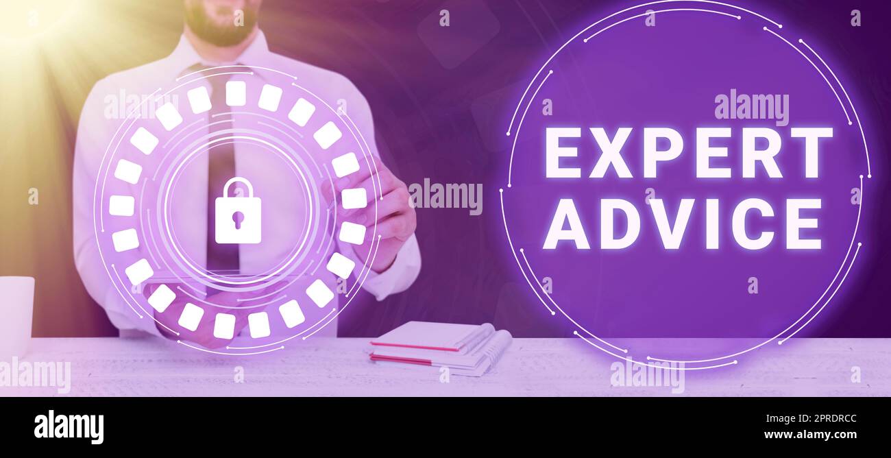 Inspiration showing sign Expert Advice. Business approach Sage Good Word Professional opinion Extensive skill Ace Businessman Pointing On Padlock Sign And Presenting New Data. Stock Photo