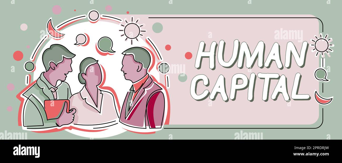 Inspiration showing sign Human Capital. Conceptual photo Intangible Collective Resources Competence Capital Education Colleagues Sharing Thoughts Together With Speech Bubbles And Assorted S Stock Photo