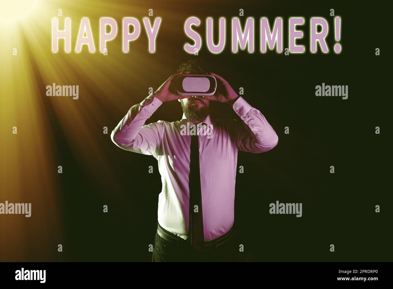 Inspiration showing sign Happy Summer. Business idea Beaches Sunshine Relaxation Warm Sunny Season Solstice Businessman Taking Professional Training Through Virtual Reality Goggles. Stock Photo