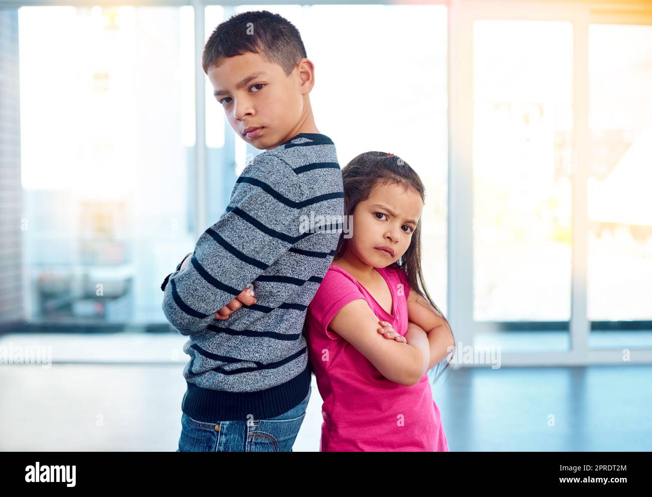 Theyre up to no good. Portrait of two naughty young children posing with their arms folded and backs facing each other at home. Stock Photo