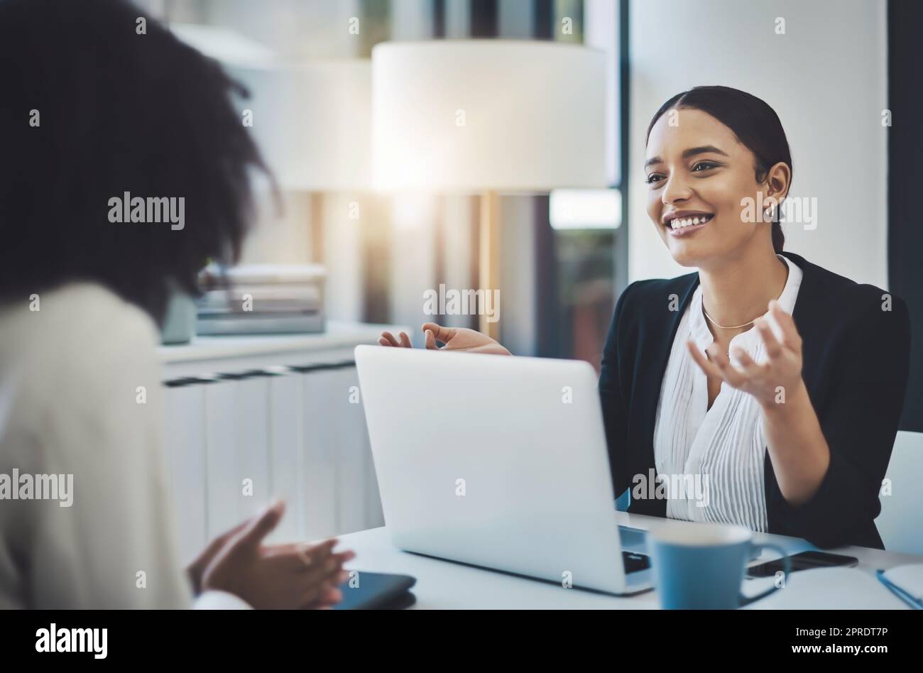 She brings confidence with her into every meeting. two businesswomen having a discussion in an office. Stock Photo