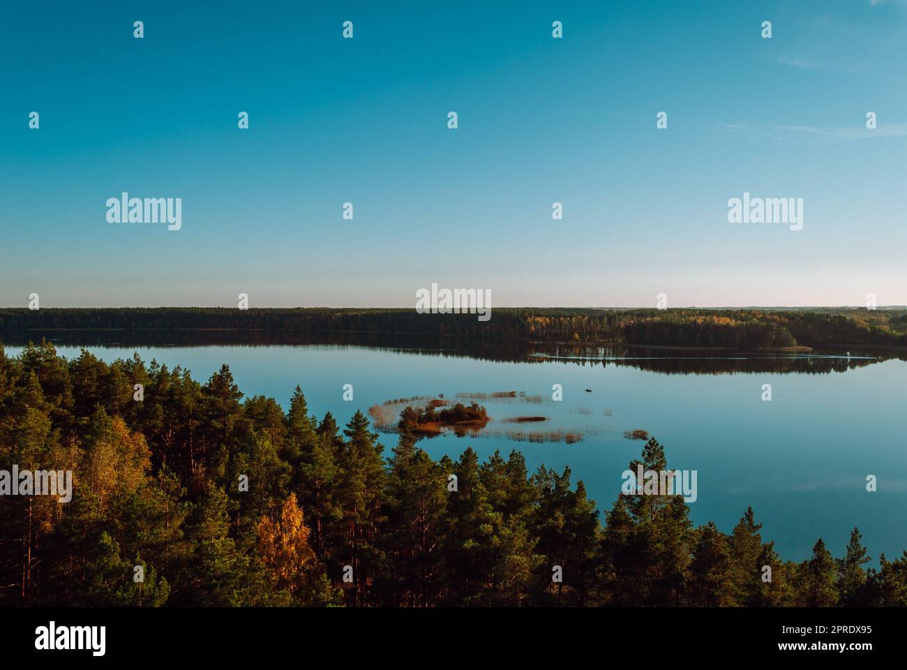 Top view of the island on Lake Baltieji Lakajai in Labanoras Regional Park, Lithuania against a blue sky. Stock Photo