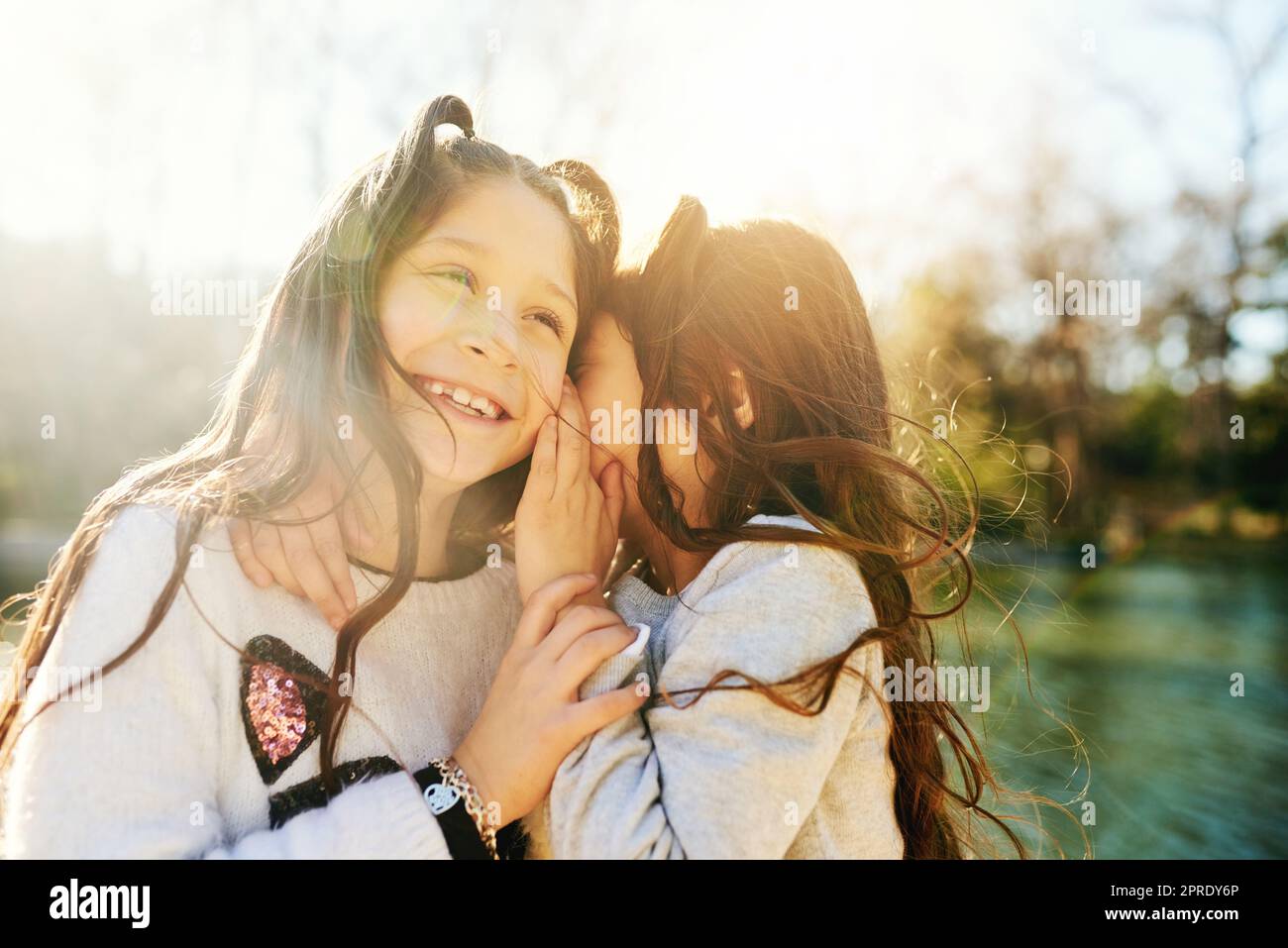 Sisters always keep secrets. an adorable little girl whispering in her sisters ear outdoors. Stock Photo