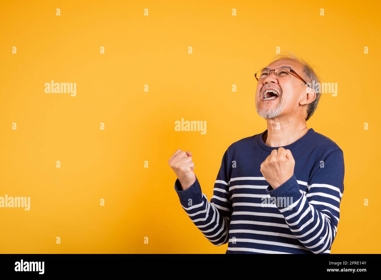 Happy Asian elder man with glasses excited say yes gesture like winner Stock Photo